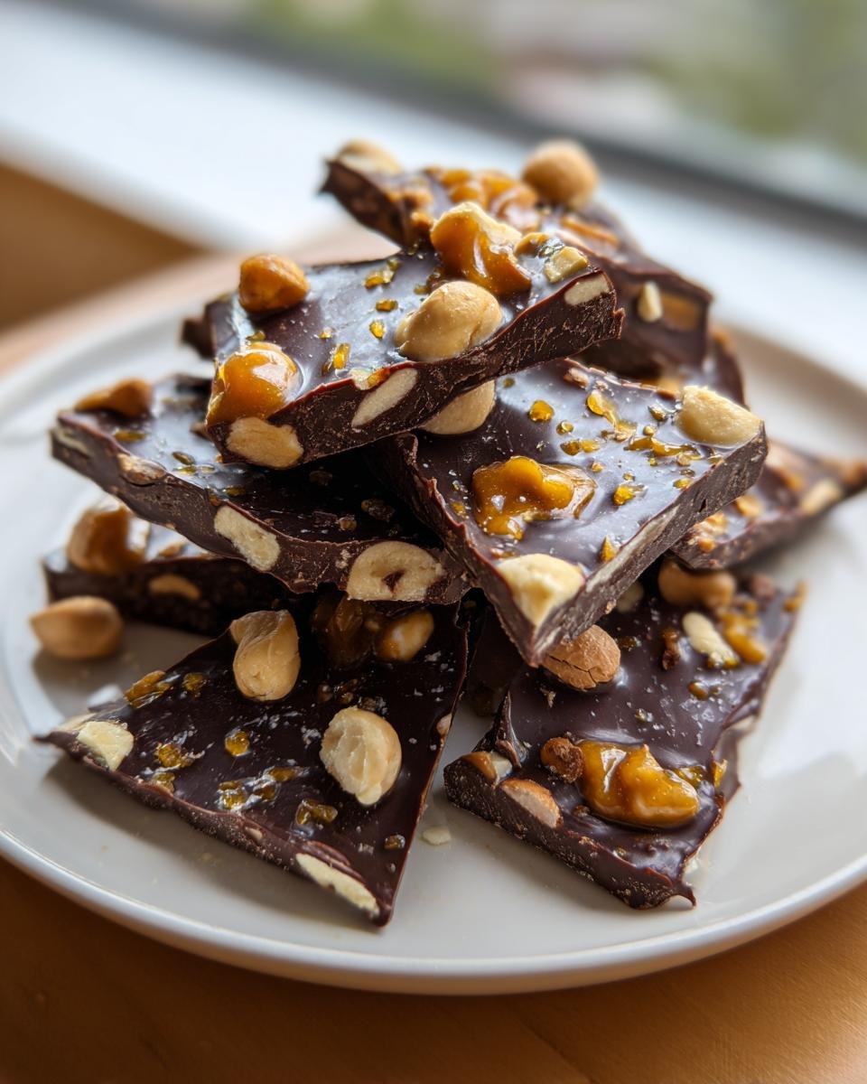 A stack of broken pieces of dark Cashew And Hazelnut Toffee Chocolate Bark topped with nuts and amber toffee bits.