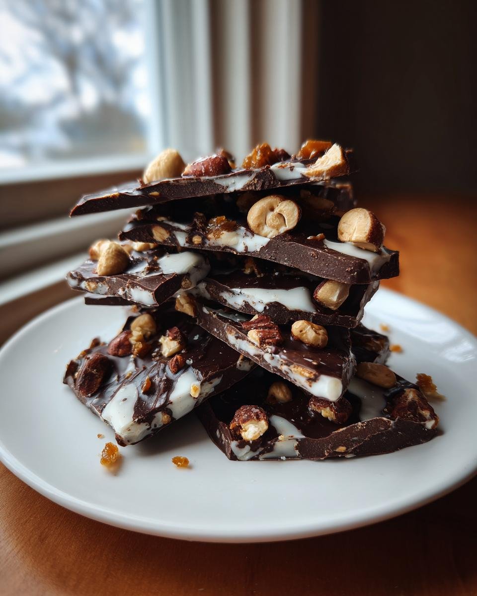 A stack of broken pieces of Cashew And Hazelnut Toffee Chocolate Bark with white chocolate swirls.