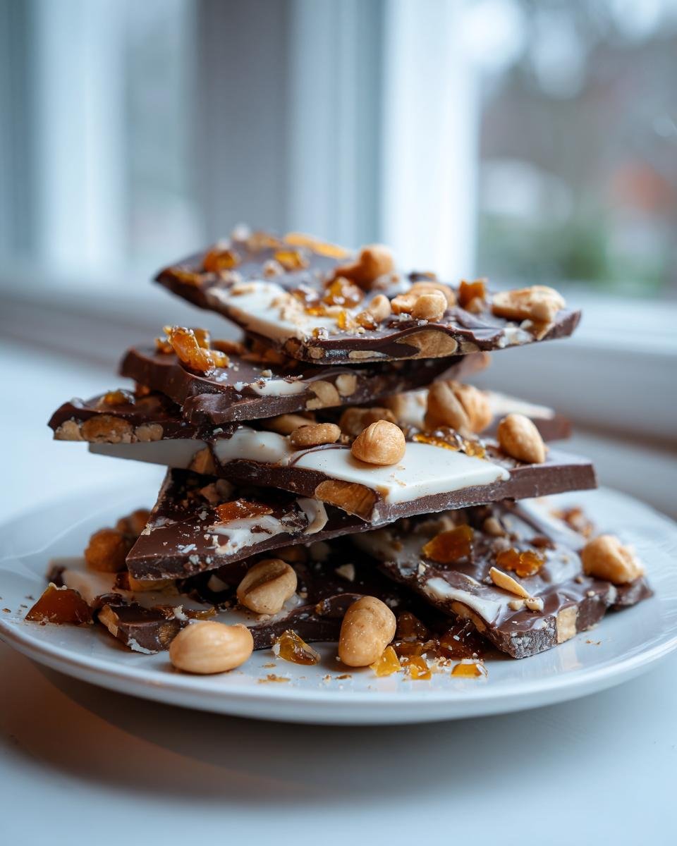 Stack of broken pieces of Cashew And Hazelnut Toffee Chocolate Bark with white chocolate swirls and crunchy toffee bits.
