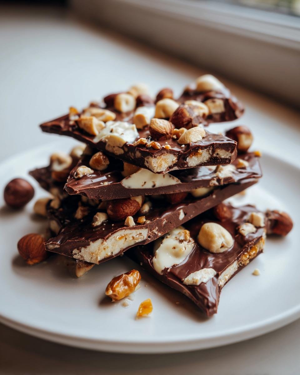 Stack of broken pieces of Cashew And Hazelnut Toffee Chocolate Bark topped with whole and chopped nuts on a white plate.
