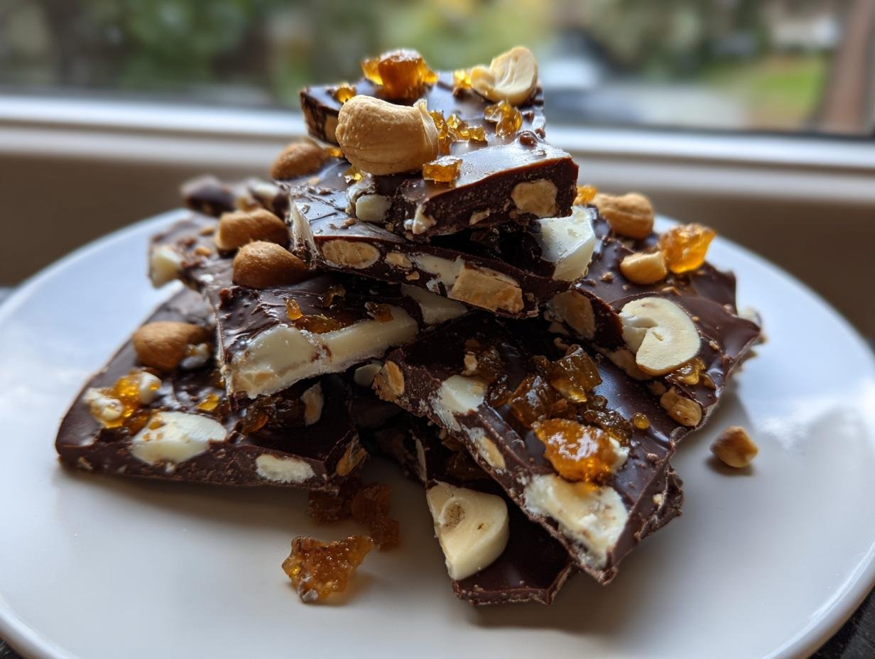 Pieces of Cashew And Hazelnut Toffee Chocolate Bark stacked on a white plate, featuring dark chocolate, nuts, and amber toffee shards.