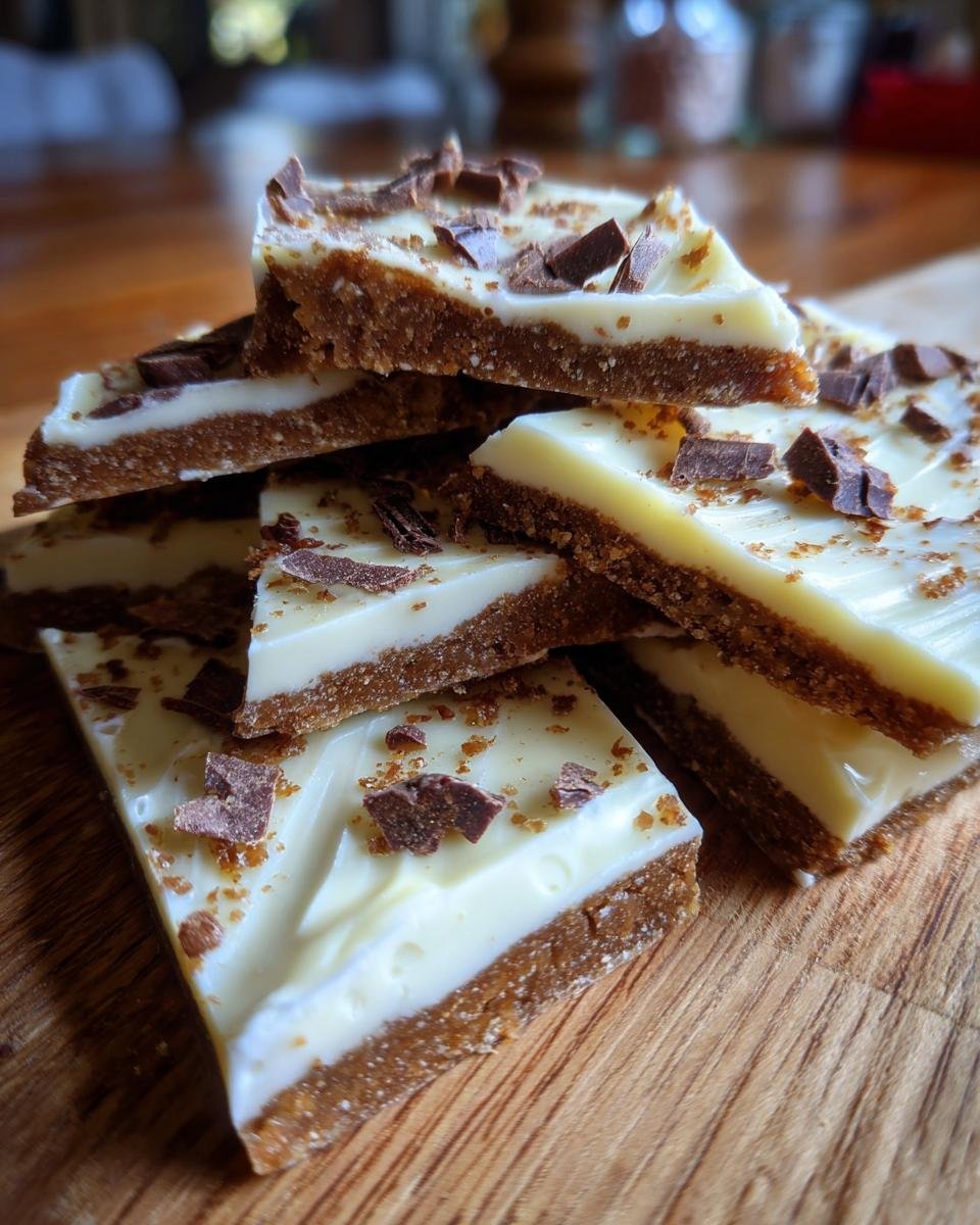 A stack of rich, layered Cheesecake Bark slices topped with white chocolate and dark chocolate shavings on a wooden board.
