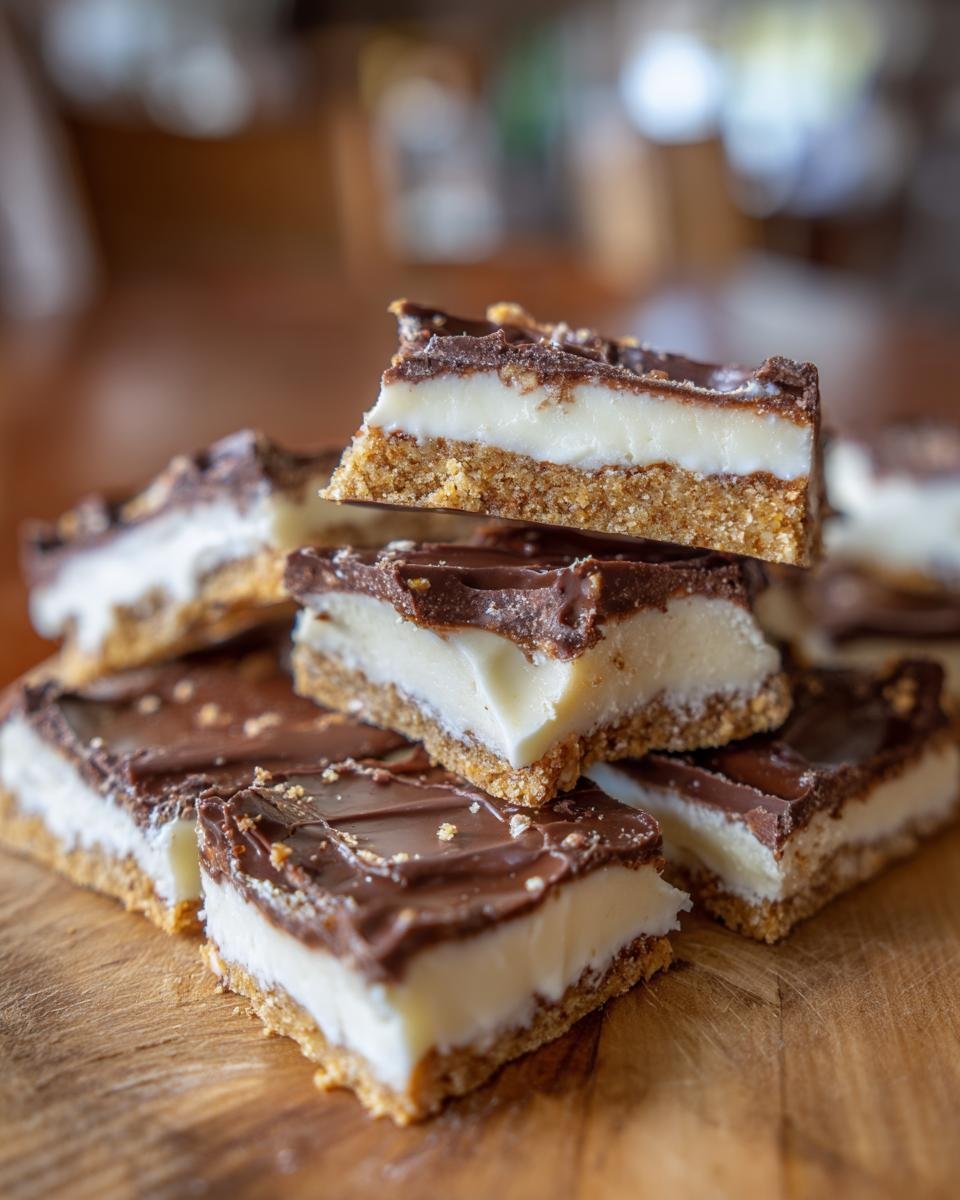 A stack of rich, layered bars of Cheesecake Bark featuring a graham cracker crust, creamy white filling, and chocolate topping.