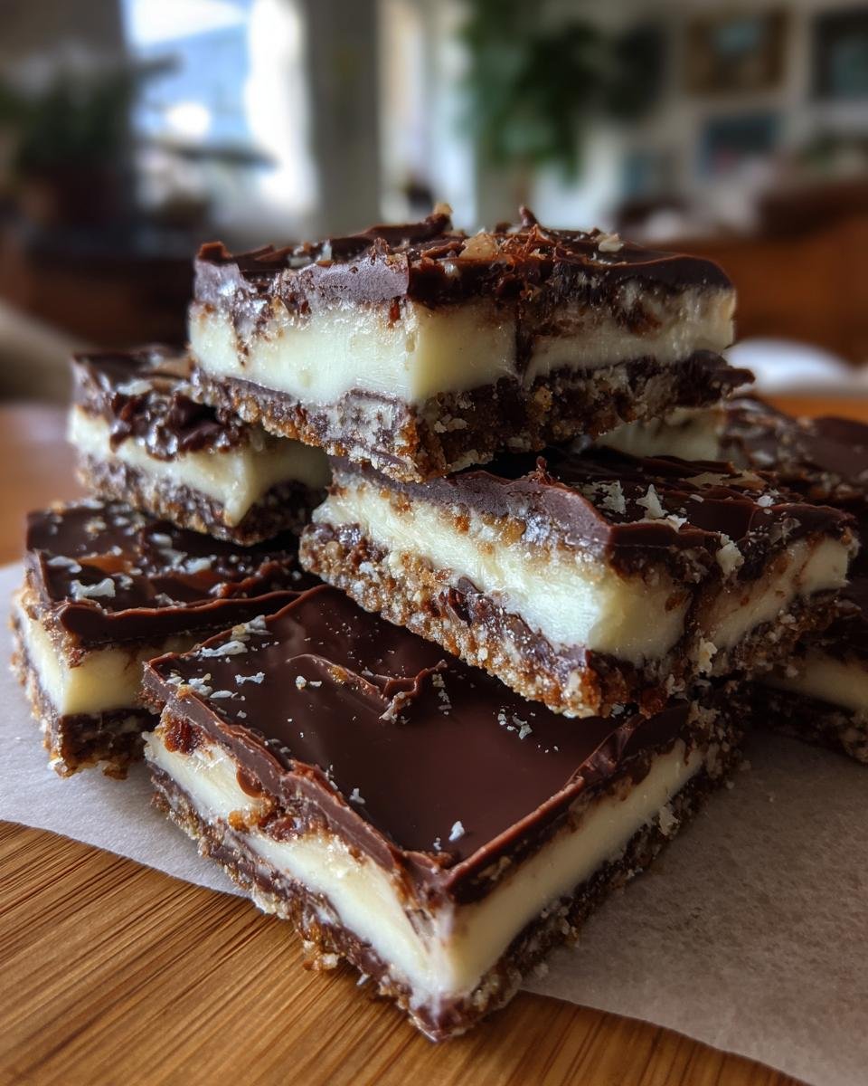 Close-up of stacked squares of no-bake Cheesecake Bark with a chocolate topping and creamy white layer.