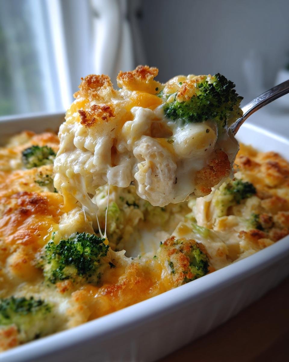 A spoonful of creamy Chicken Broccoli Casserole being lifted from a white baking dish, showing melted cheese and broccoli florets.
