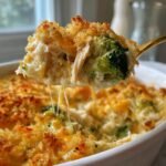 A spoonful of creamy Chicken Broccoli Casserole showing shredded chicken, broccoli florets, and cheese pull, lifted from a white baking dish.