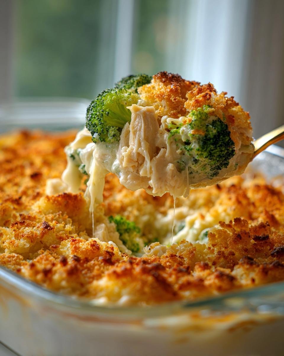 A spoonful of creamy Chicken Broccoli Casserole showing shredded chicken, broccoli florets, and melted cheese being lifted from the baking dish.