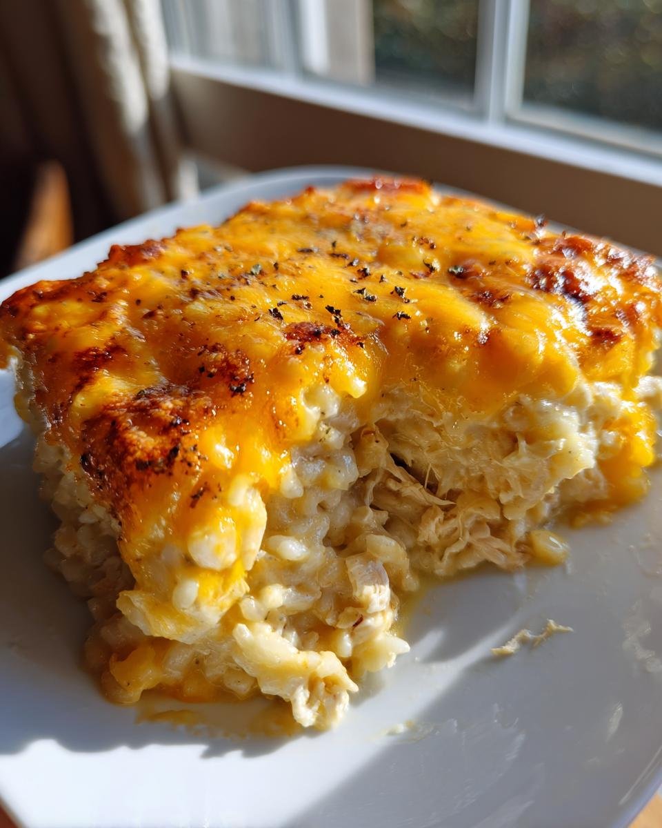 A close-up serving of creamy Chicken Rice Casserole topped with bubbly, melted cheddar cheese and herbs.