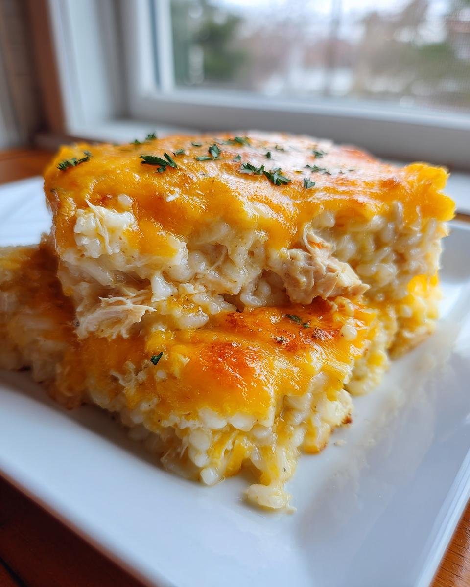 Two squares of creamy Chicken Rice Casserole topped with melted cheddar cheese and fresh parsley.