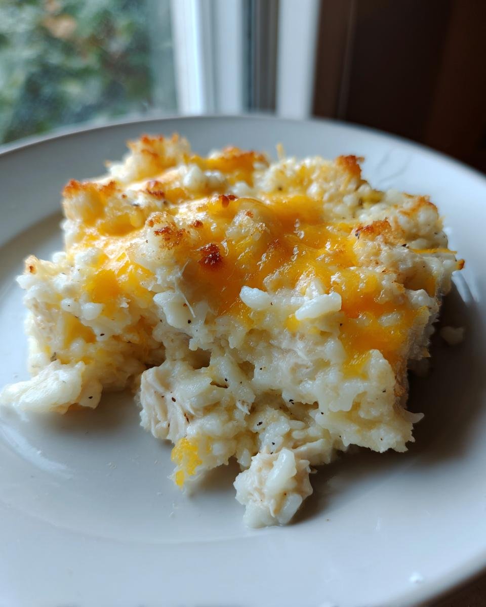 A close-up serving of creamy Chicken Rice Casserole topped with melted, slightly browned cheddar cheese.