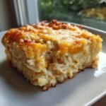 A square serving of creamy Chicken Rice Casserole topped with melted, browned cheddar cheese.