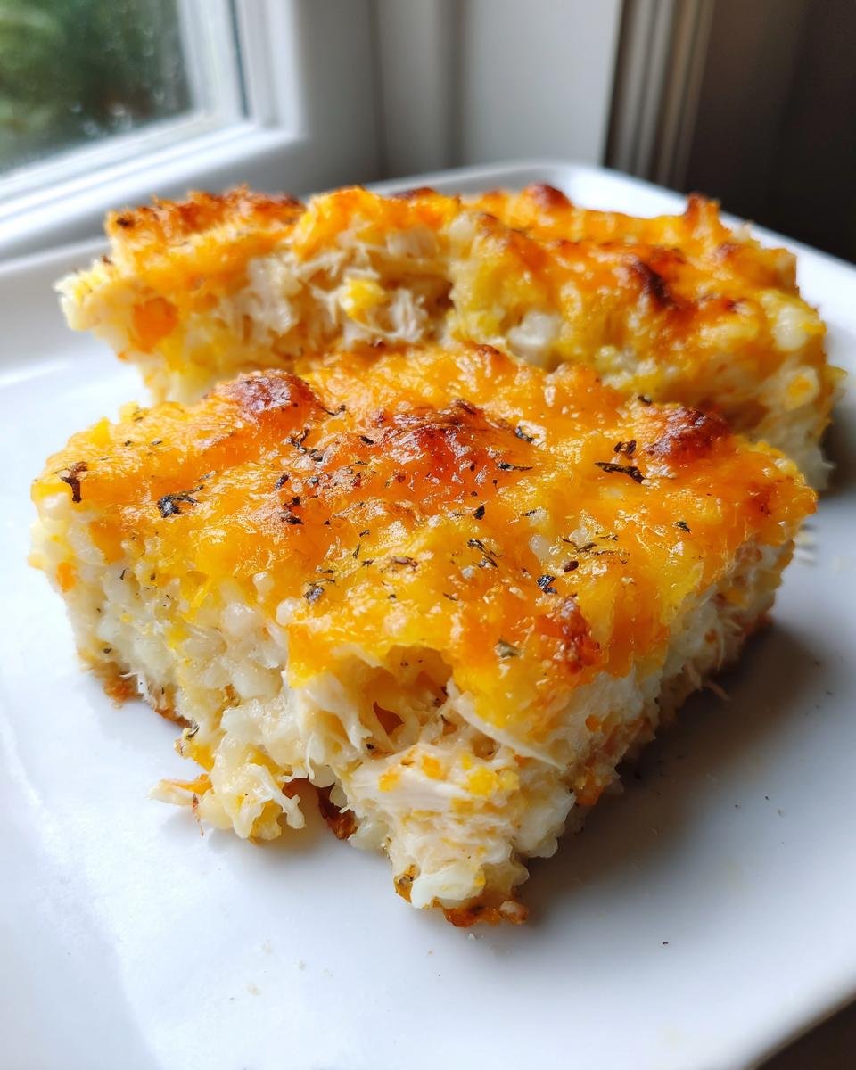 Two servings of baked Chicken Rice Casserole topped with melted, browned cheddar cheese and herbs.
