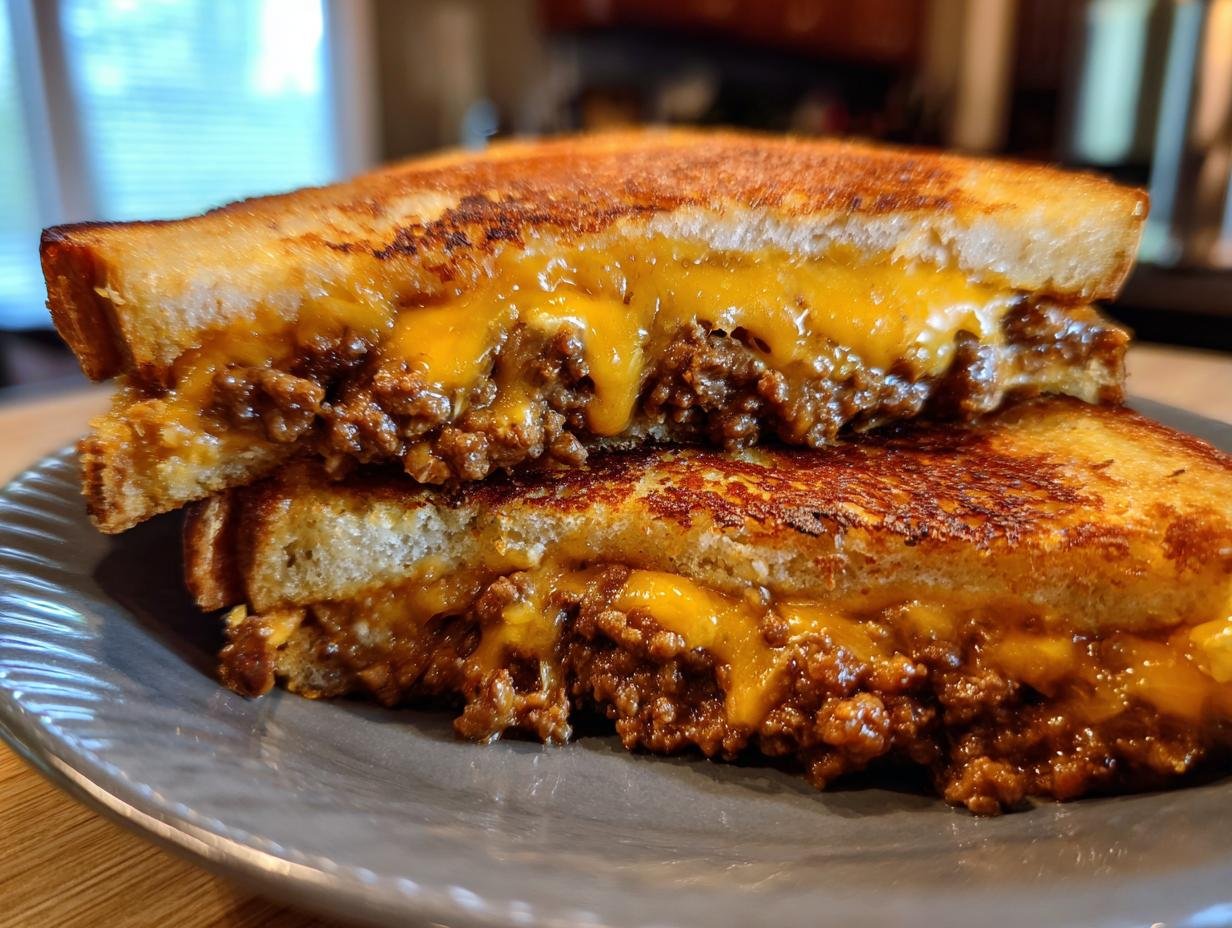 Close-up of two halves of Irresistible Cheesy Garlic Bread Sloppy Joe Melts stacked, showing gooey melted cheddar cheese and savory filling.