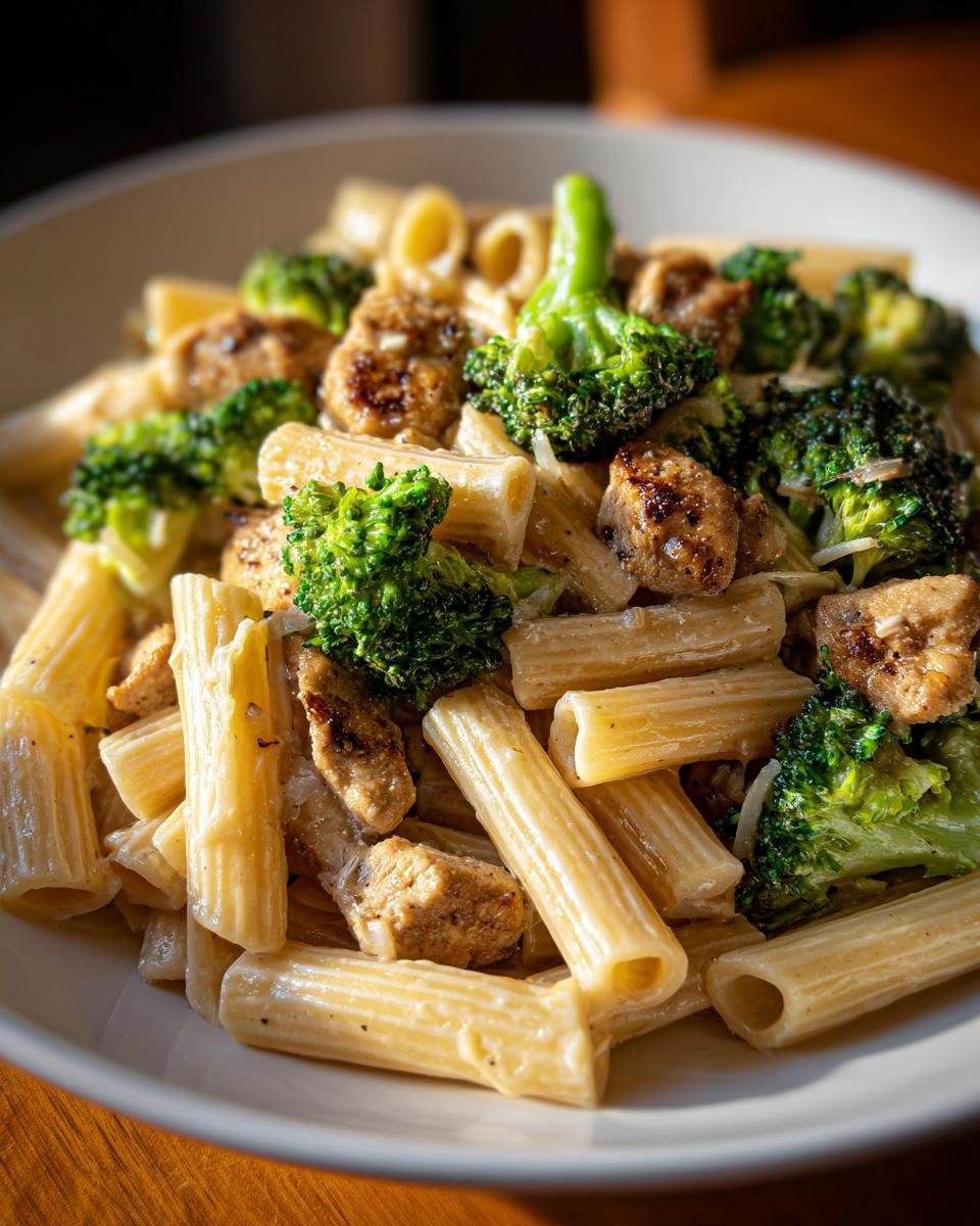 A close-up serving of creamy Chicken Broccoli Pasta featuring rigatoni, seared chicken pieces, and bright green broccoli florets.