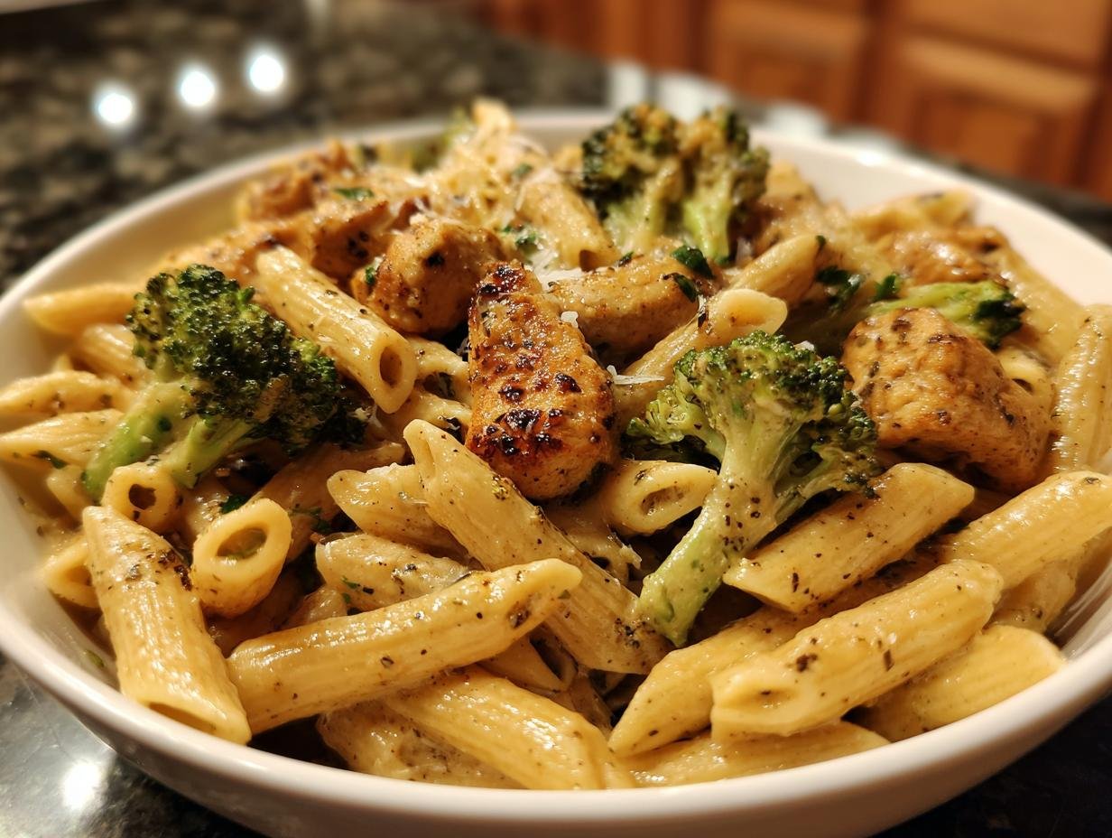 A close-up of a white bowl filled with creamy Chicken Broccoli Pasta, featuring penne, seasoned chicken pieces, and bright green broccoli florets.