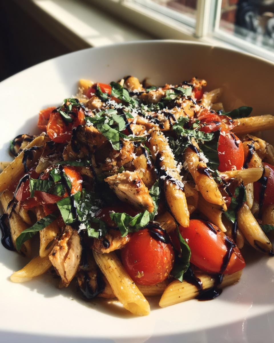 Close-up of a bowl of Chicken Bruschetta Pasta featuring penne, cherry tomatoes, chicken pieces, basil, and a balsamic glaze drizzle.