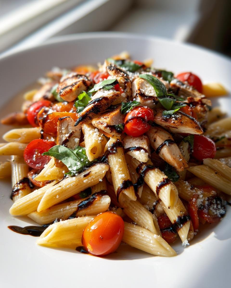 Close-up of a bowl of Chicken Bruschetta Pasta featuring penne, grilled chicken, cherry tomatoes, and balsamic glaze.