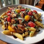 A plate of vibrant Chicken Bruschetta Pasta featuring penne, grilled chicken pieces, halved cherry tomatoes, and a balsamic glaze.