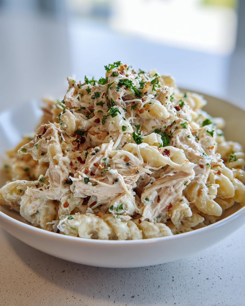 A close-up of a creamy Chicken Caesar Pasta Salad featuring shredded chicken, pasta, and topped with parsley and red pepper flakes.