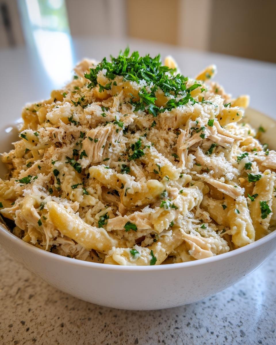 Close-up of a bowl filled with creamy Chicken Caesar Pasta Salad, topped with grated cheese and fresh parsley.