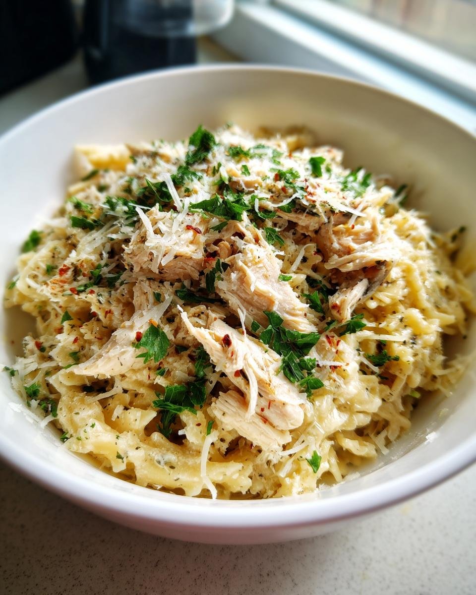 Close-up of creamy Chicken Caesar Pasta Salad topped with shredded chicken, Parmesan, and parsley.