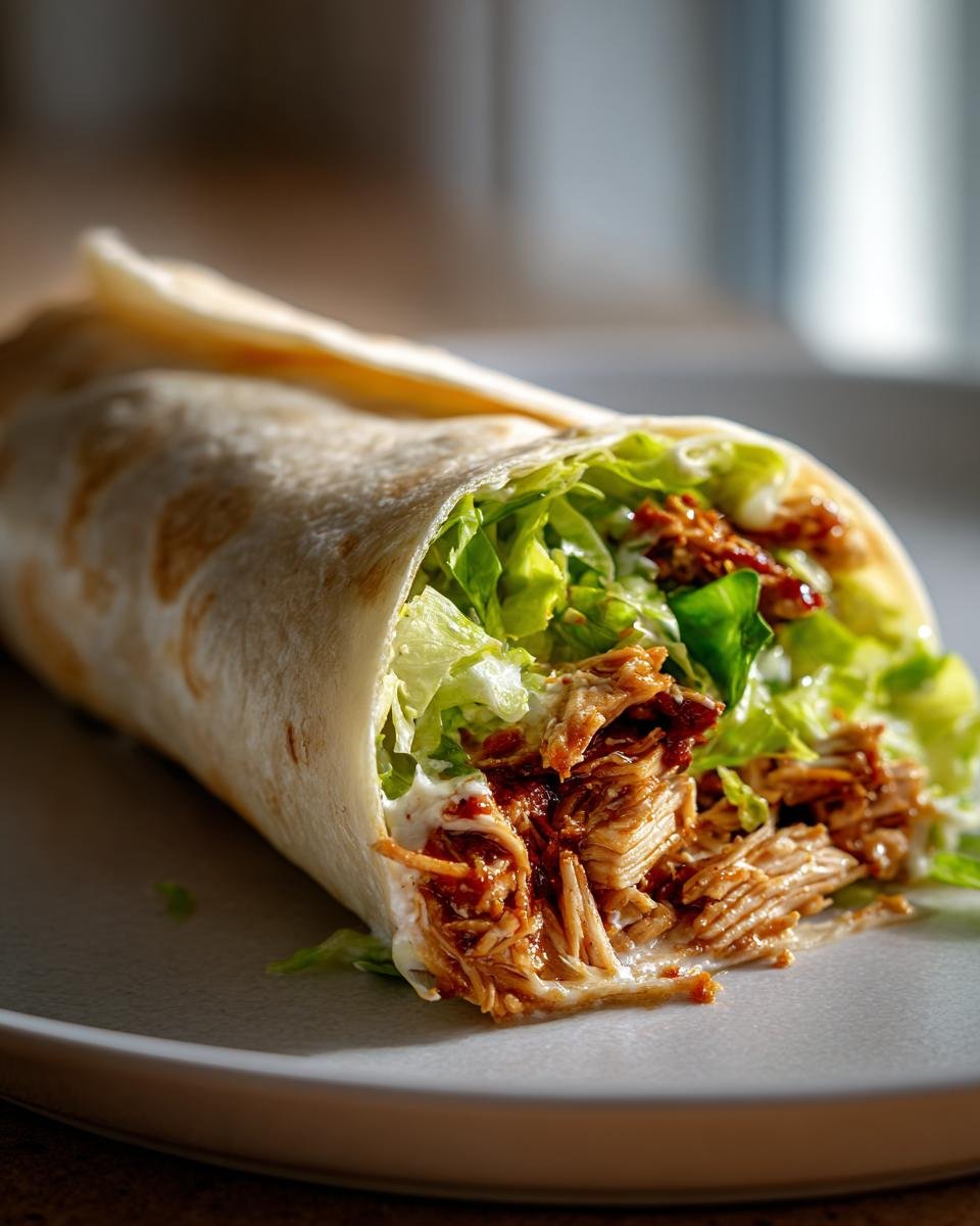 Close-up of a delicious Chicken Caesar Wraps filling showing shredded chicken, crisp lettuce, and creamy dressing inside a tortilla.