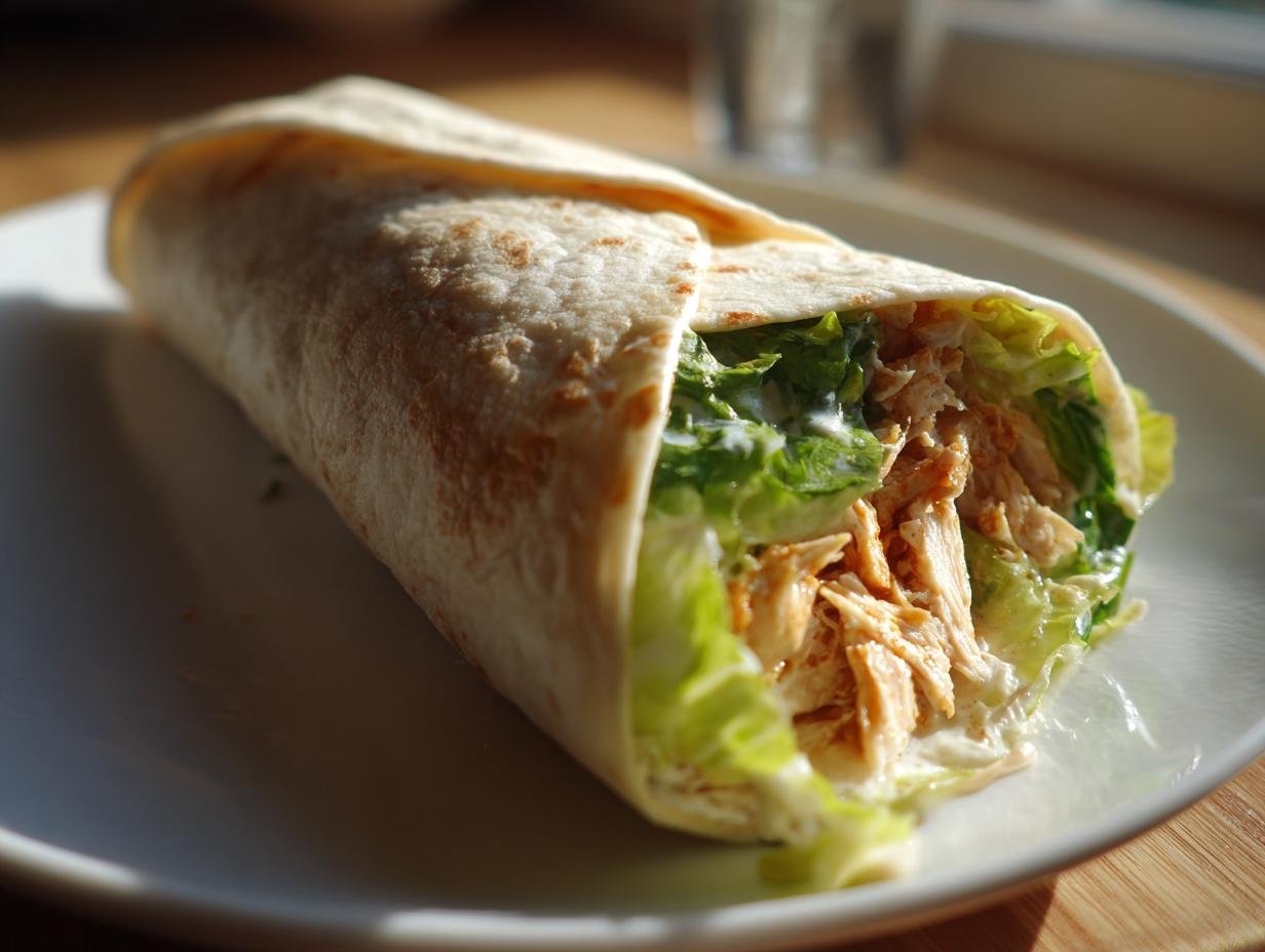 A close-up of a freshly made Chicken Caesar Wrap filled with shredded chicken, romaine lettuce, and creamy dressing.