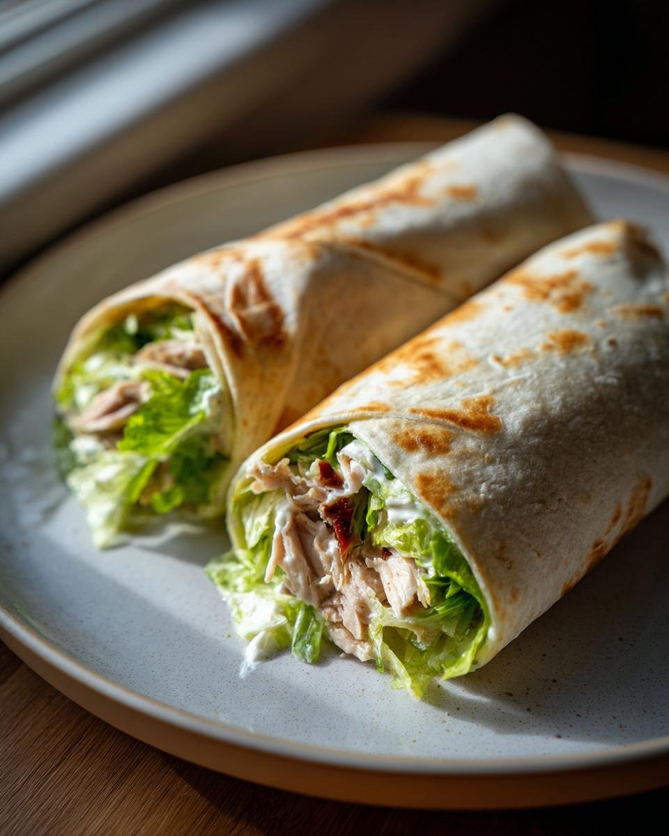 Two perfectly rolled Chicken Caesar Wraps filled with shredded chicken, crisp lettuce, and creamy dressing, served on a plate.