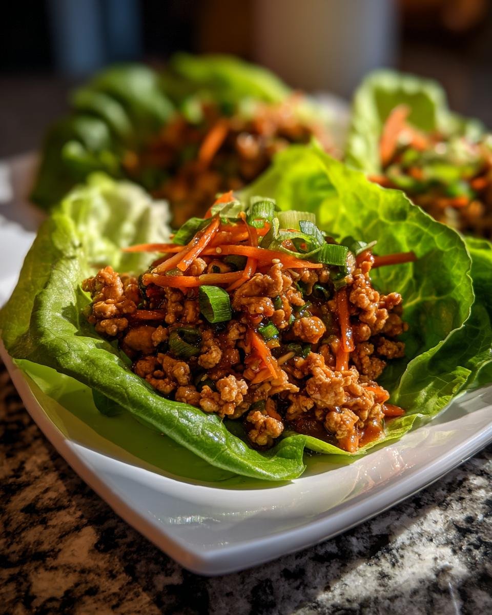 Close-up of a fresh Chicken Lettuce Wrap filled with savory ground chicken mixture, topped with shredded carrots and green onions.