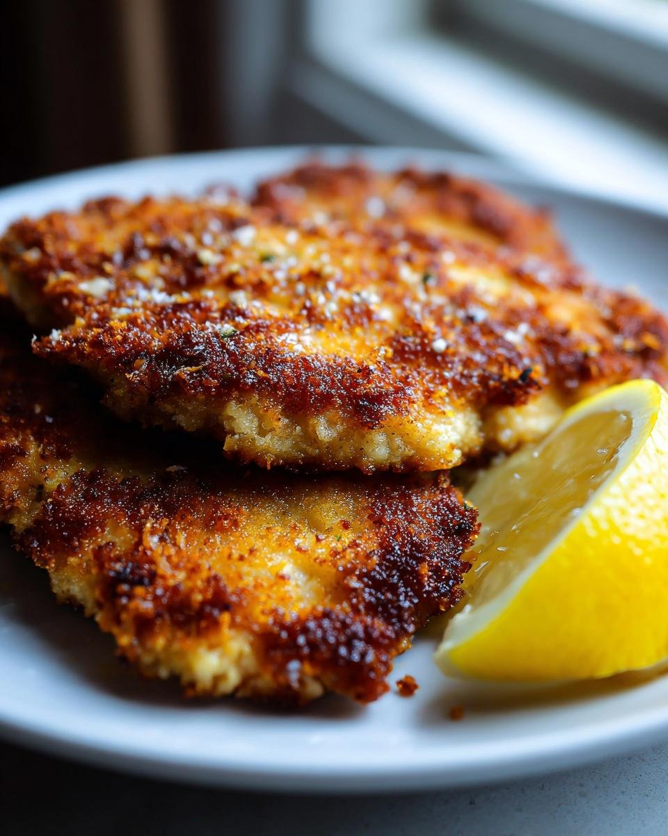 Close-up of crispy, golden brown Chicken Milanese served on a white plate with a fresh lemon wedge.