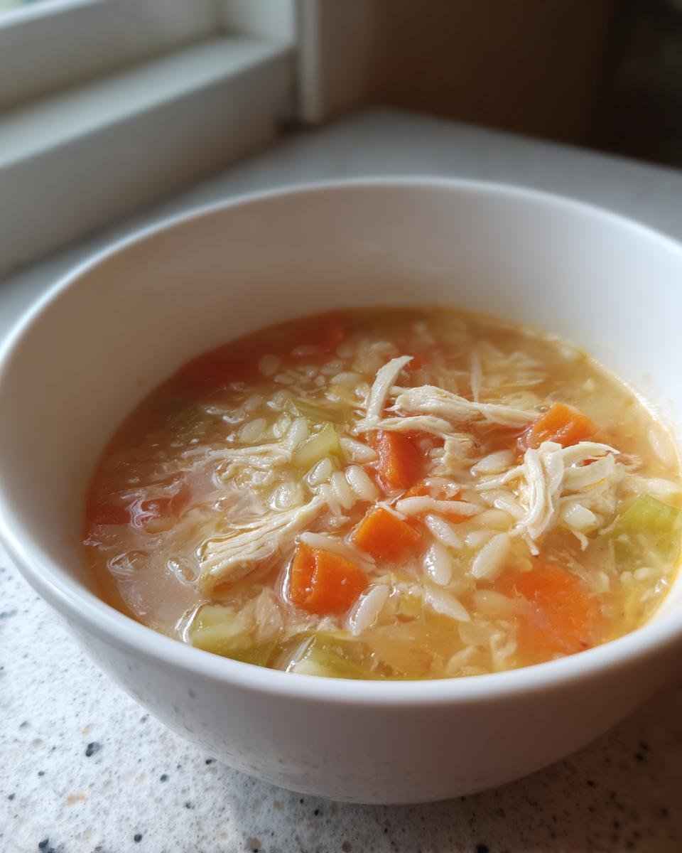 Close-up of a white bowl filled with homemade Chicken Orzo Soup, showing shredded chicken, carrots, and orzo pasta.
