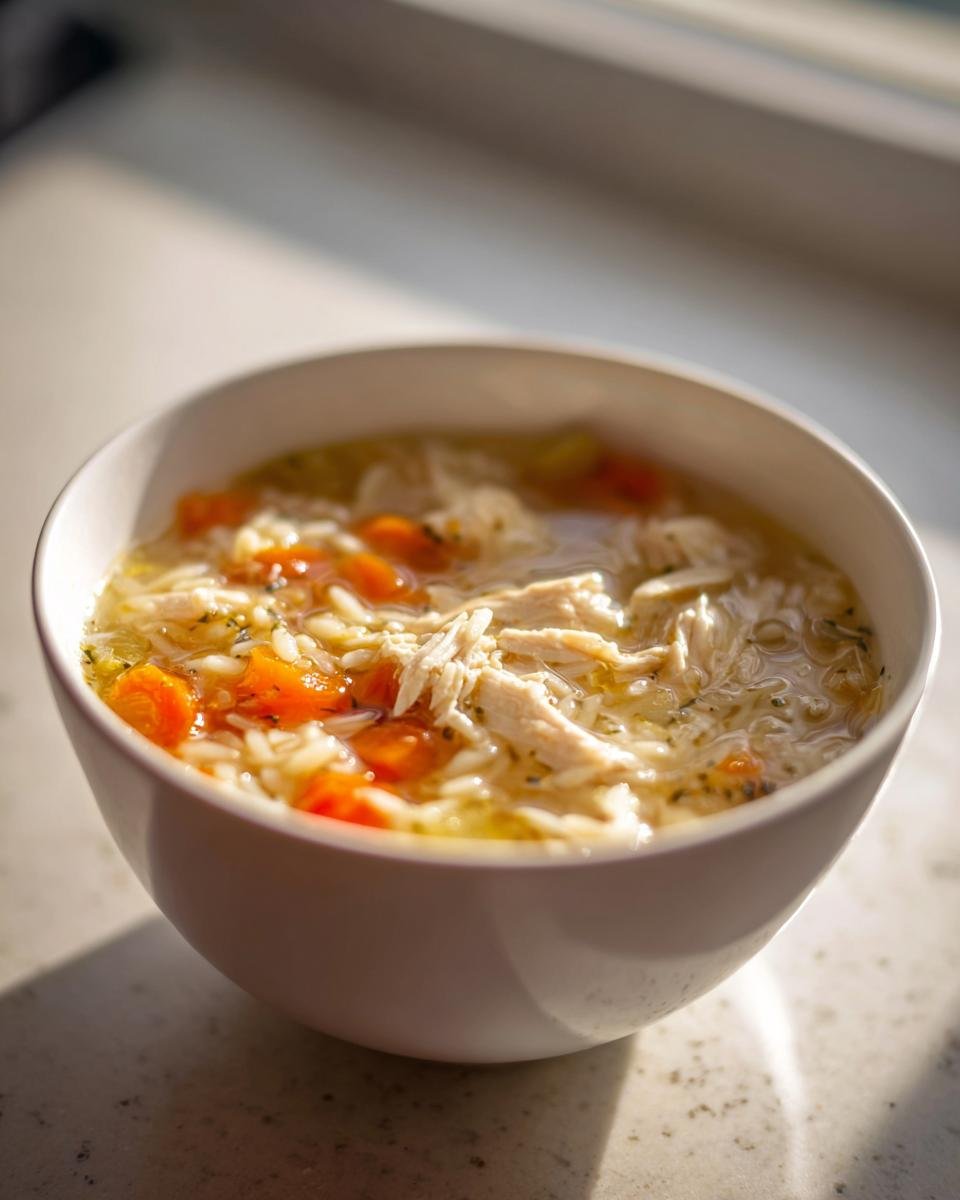 A close-up of a white bowl filled with steaming Chicken Orzo Soup, featuring shredded chicken, orzo pasta, and bright orange carrots.