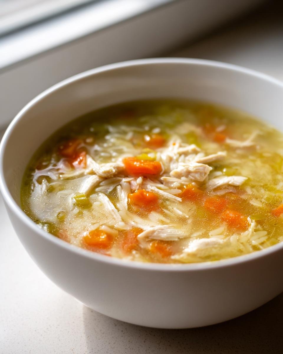 Close-up of a white bowl filled with steaming Chicken Orzo Soup, featuring shredded chicken, bright orange carrots, and orzo pasta.