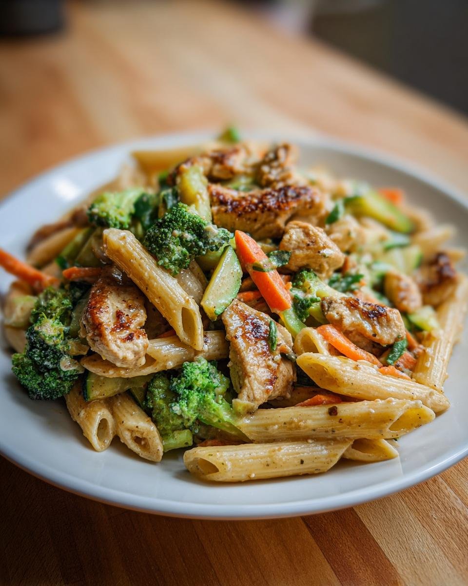 A close-up of a serving of Chicken Pasta Primavera featuring penne pasta, grilled chicken pieces, broccoli, and carrots.