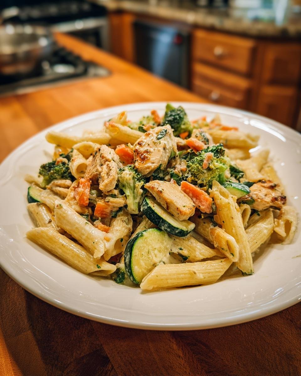 A close-up of a white plate filled with creamy Chicken Pasta Primavera featuring penne, grilled chicken, zucchini, carrots, and broccoli.