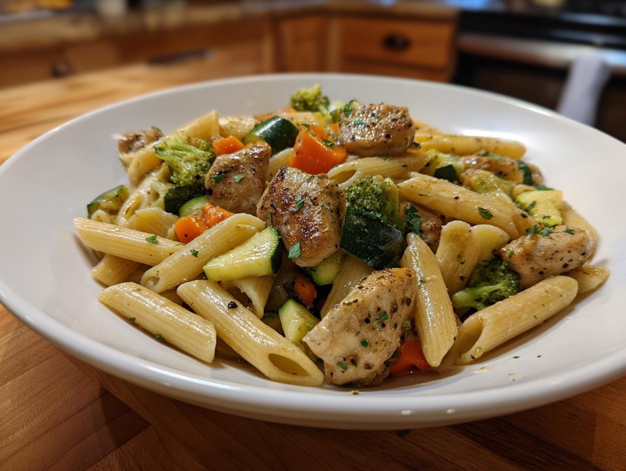 A close-up of a white bowl filled with Chicken Pasta Primavera, featuring penne pasta, saut&eacute;ed chicken chunks, broccoli, and carrots.
