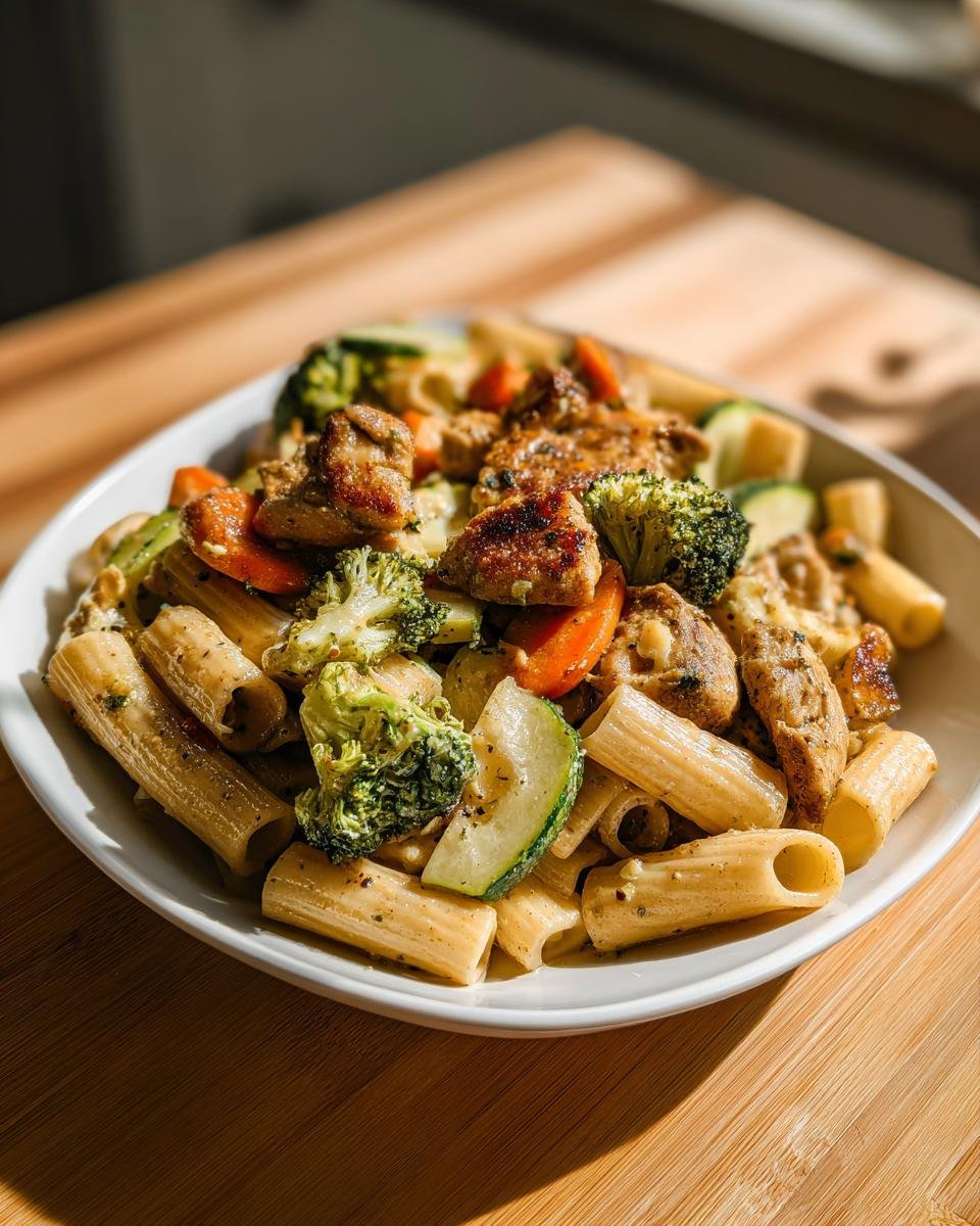 A close-up of a white bowl filled with Chicken Pasta Primavera, featuring penne pasta, seared chicken pieces, broccoli, carrots, and zucchini.