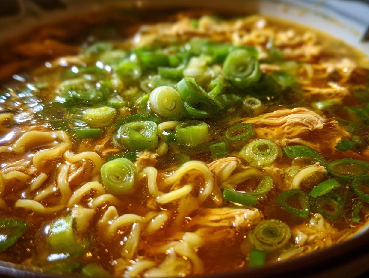 Close-up of a bowl of savory Chicken Ramen Noodles topped generously with bright green sliced scallions.