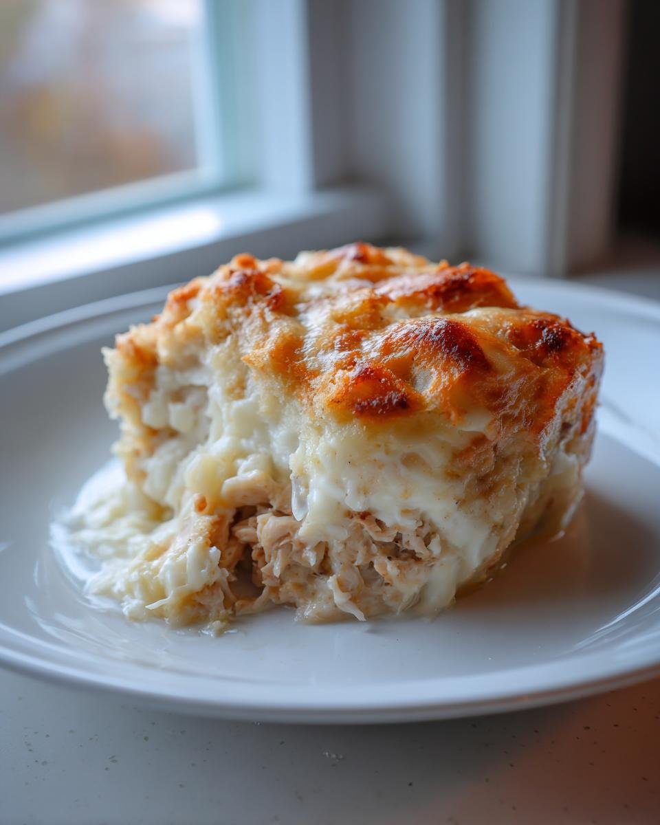 A square serving of creamy Chicken Stuffing Casserole with a golden-brown, cheesy top, served on a white plate.