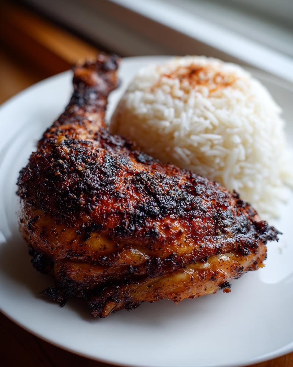 A close-up of a crispy, dark-seasoned chicken thigh served next to a mound of white rice for Chicken Thighs With Rice.