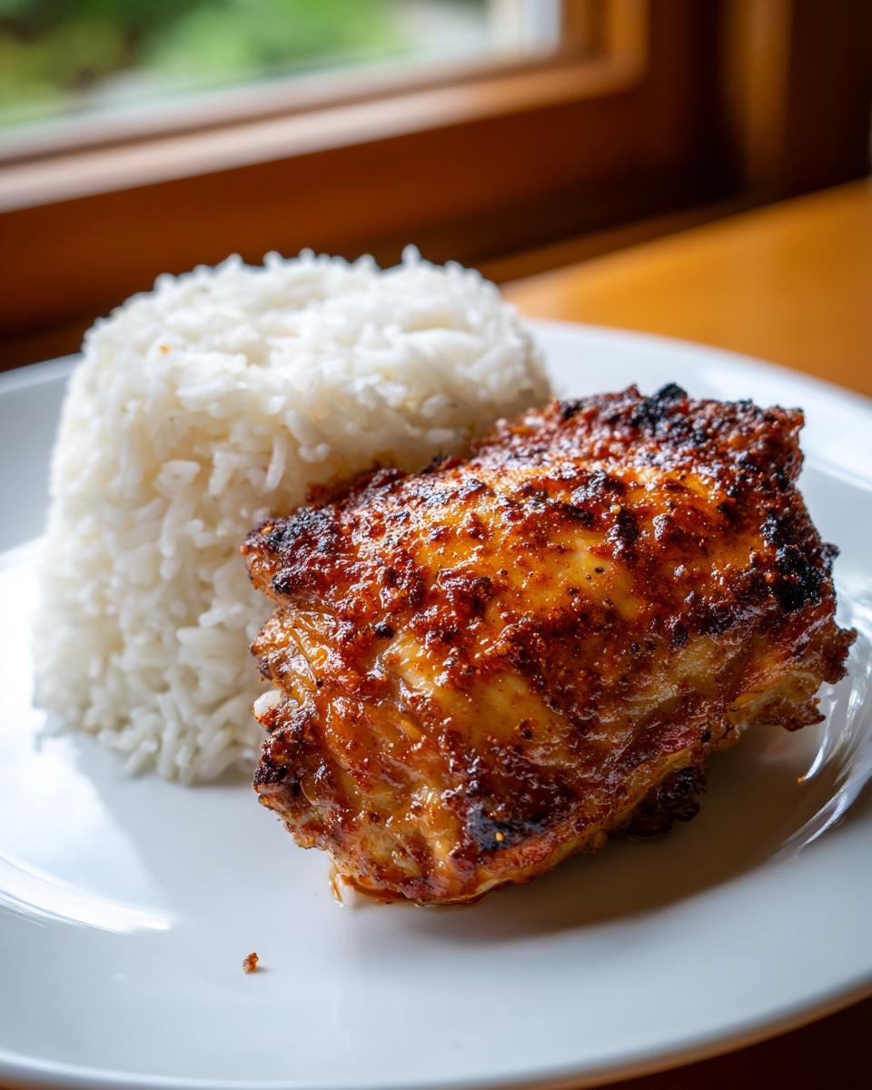 A close-up of a seasoned, crispy baked chicken thigh served next to a mound of fluffy white rice on a white plate.