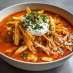 Close-up of a hearty bowl of Chicken Tortilla Soup, topped with shredded chicken, sour cream, tortilla strips, and cilantro.