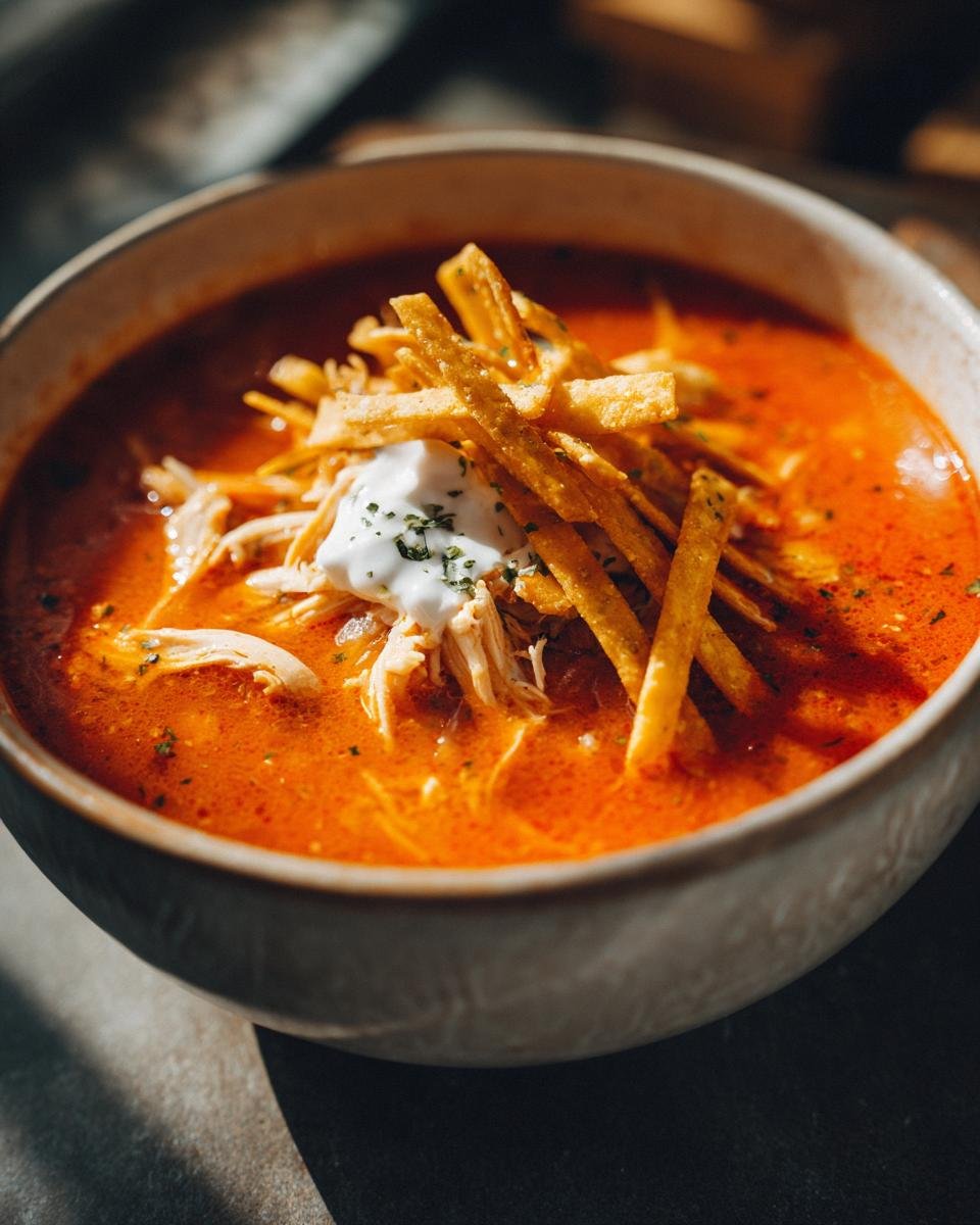 Close-up of a vibrant red bowl of Chicken Tortilla Soup topped with shredded chicken, sour cream, and crispy tortilla strips.