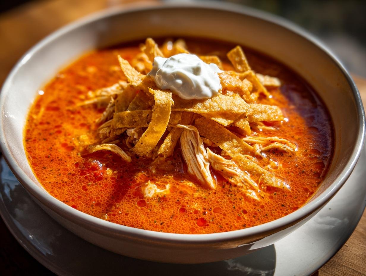 Close-up of a steaming bowl of rich, orange-red Chicken Tortilla Soup topped with crispy tortilla strips, shredded chicken, and sour cream.