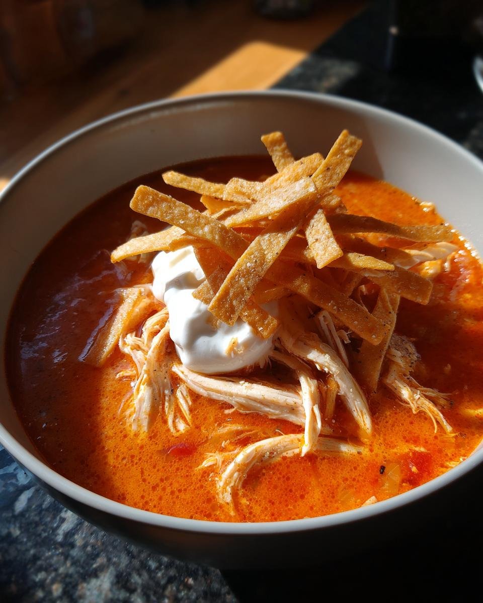 Close-up of a vibrant bowl of Chicken Tortilla Soup topped with shredded chicken, sour cream, and crispy tortilla strips.
