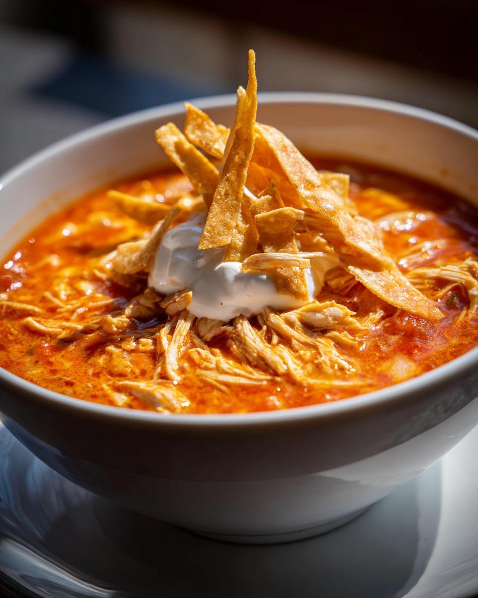 A close-up of a white bowl filled with vibrant red Chicken Tortilla Soup, topped with shredded chicken, sour cream, and crispy tortilla strips.