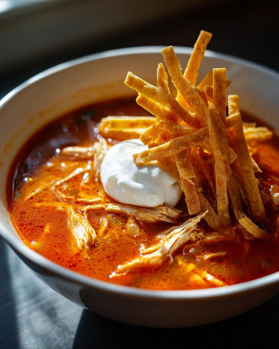 Close-up of a vibrant bowl of Chicken Tortilla Soup topped with shredded chicken, sour cream, and crispy tortilla strips.