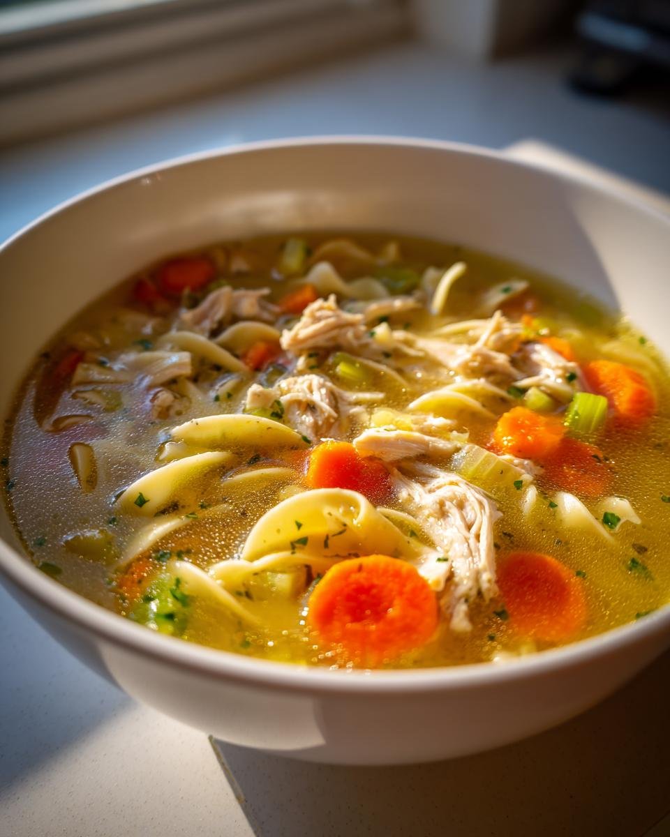 Close-up of a white bowl filled with steaming Chicken Vegetable Soup, featuring shredded chicken, egg noodles, and bright orange carrots.