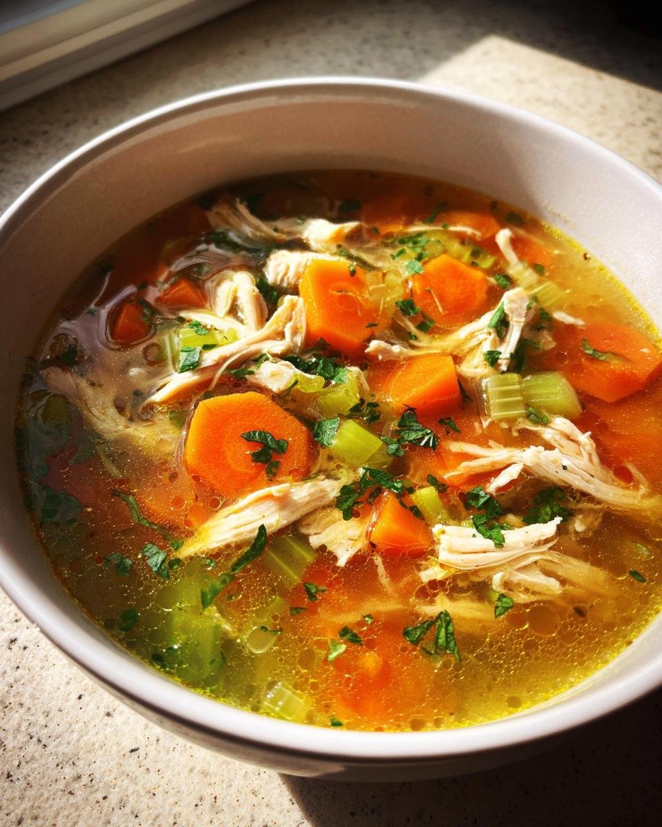 Close-up of a bowl of piping hot Chicken Vegetable Soup featuring shredded chicken, bright orange carrots, and celery.