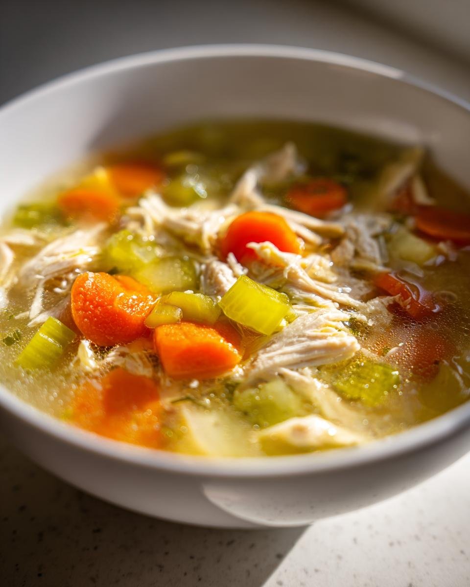 Close-up of shredded chicken and bright orange carrots and green celery in a bowl of flavorful Chicken Vegetable Soup.